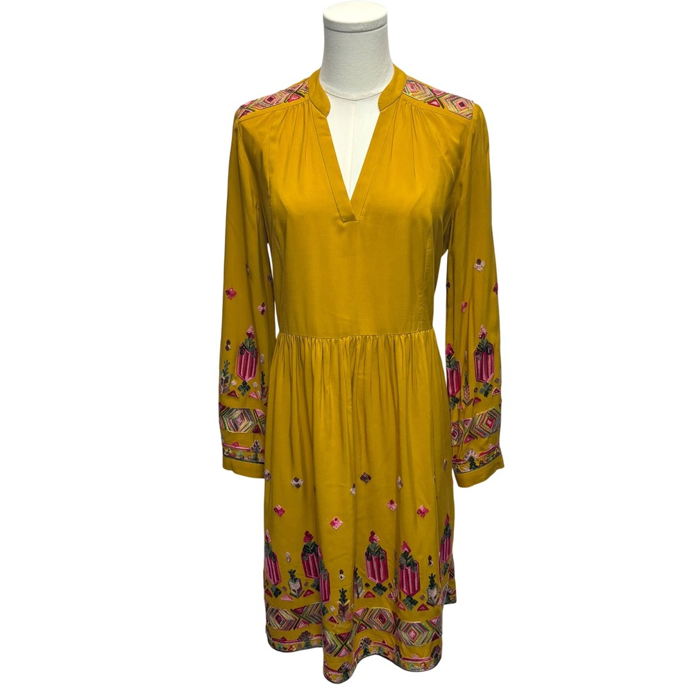 Anthropologie Floreat Embroidered Dress Yellow Boho Folk Hippie Festival Sz S